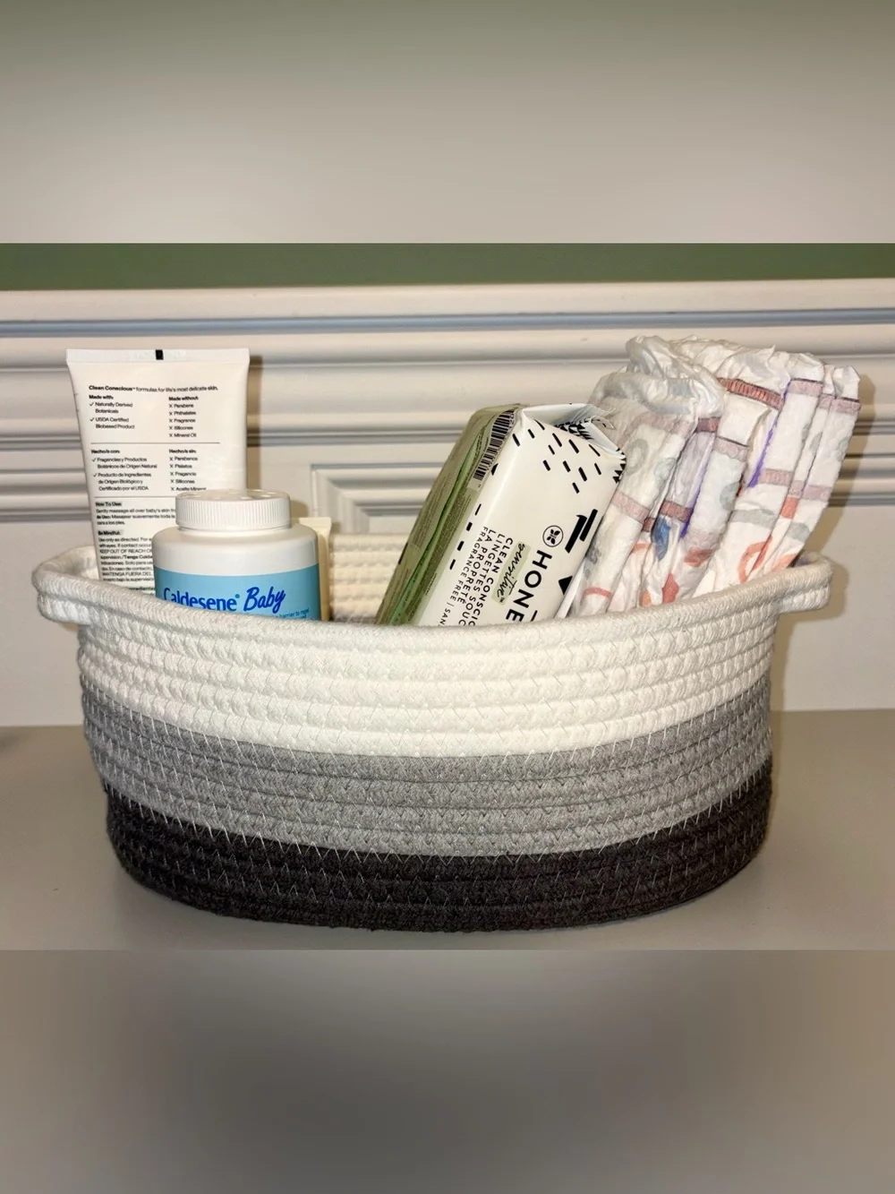 Neutral Gray Rope Diaper Caddy Organizer Basket | Nursery Storage Bin